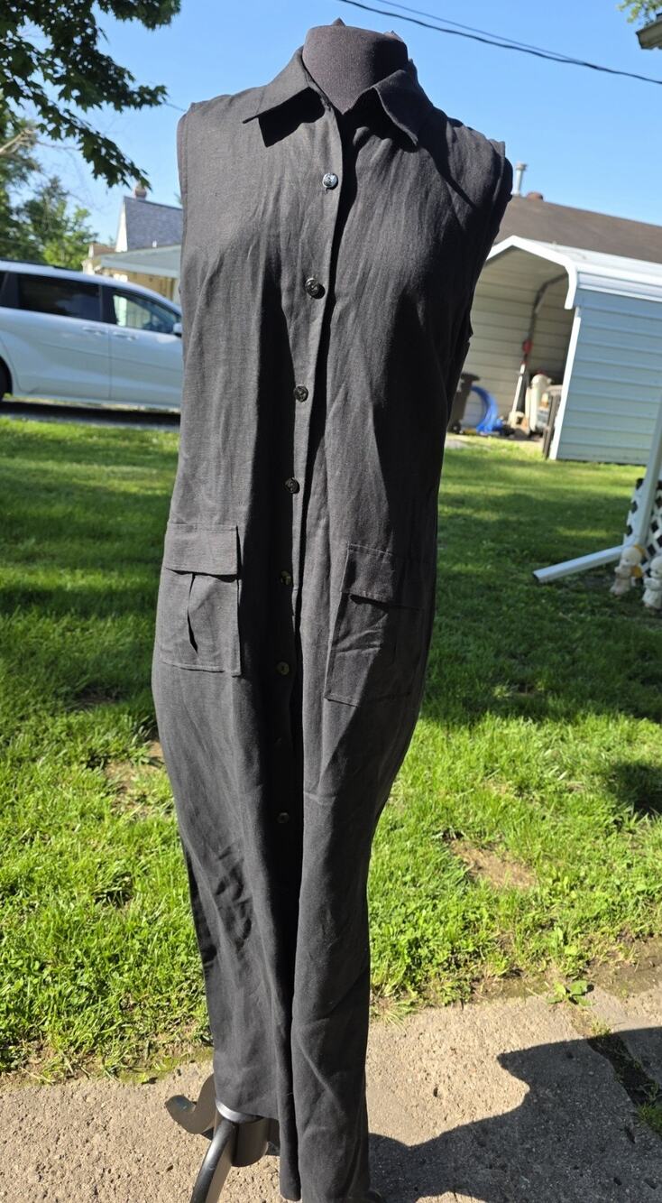 Address Maggy Linen Blend Maxi Shirt Dress Full Button Front Black Size 12 NWT